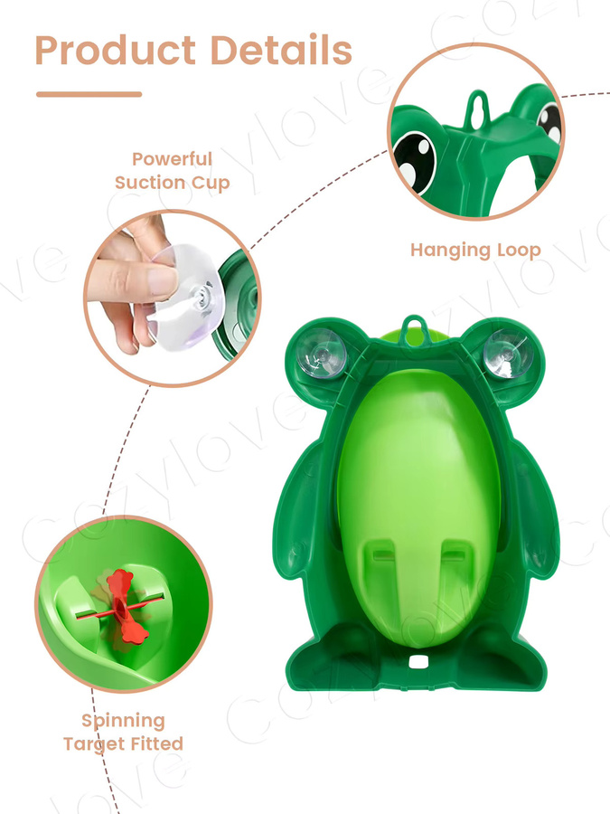 Kisslanding Wandmontiertes Baby-Urinal für Jungen mit Cartoon-Frosch-Design und Zielspiel, Farben: Grün oder Blau - Bild 3