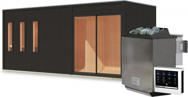 Saunahaus MONTEREY mit Vorraum in Schwarz, 73 mm Wandstärke, inklusive 9.0 kW BioKombiofen und Steuergerät, B: 574 cm x H: 216,5 cm - Bild 1