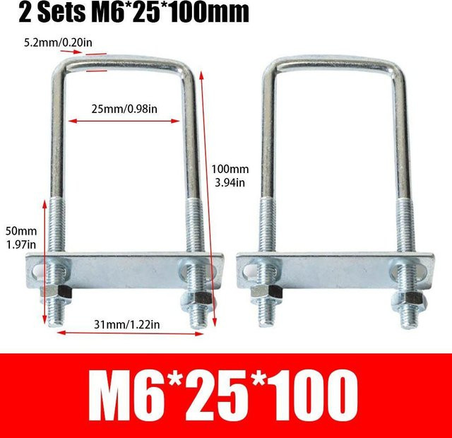 2 Sets rechtwinklige U-Bügel Rohrschellen aus Eisen in Silber mit Vierkantbolzen von YTmfish, Maße: M6 x 25 x 100 mm - Bild 1