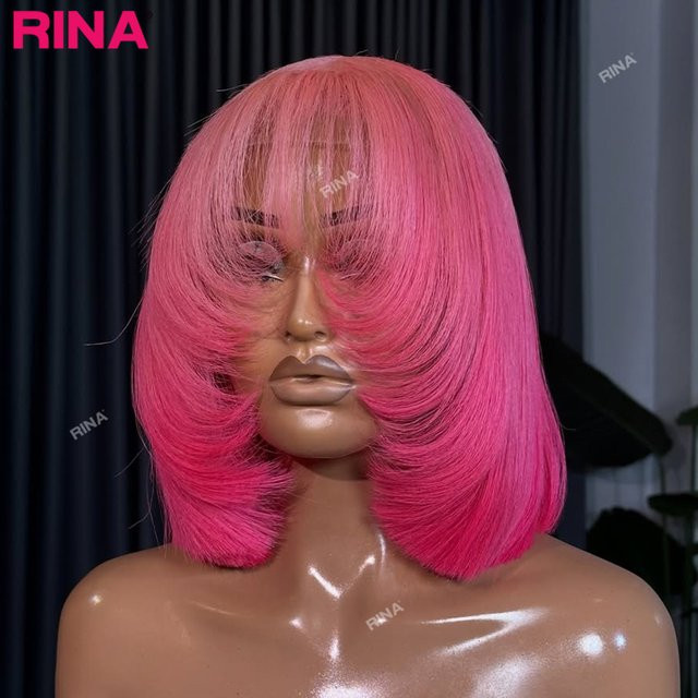 RINA Lace Front Perücke, Hot Pink, kurzer Bob mit Pony, Echthaar, Damen - Bild 1