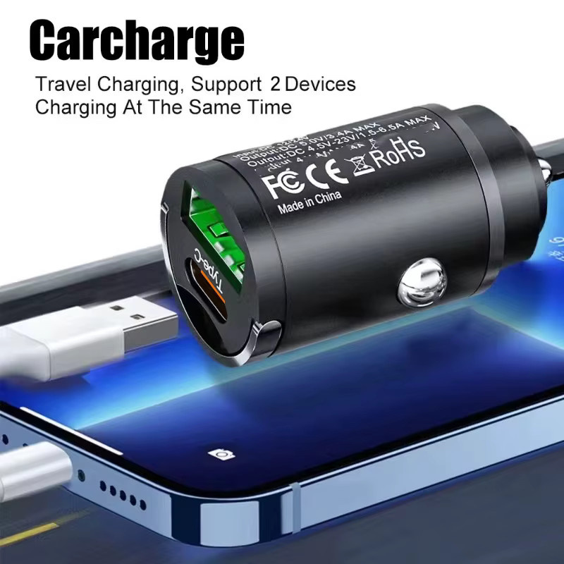 30W PD USB Auto Ladegerät mit USB-C und QC 3.0 für iPhone, Samsung, Xiaomi und Huawei in Schwarz - Bild 4