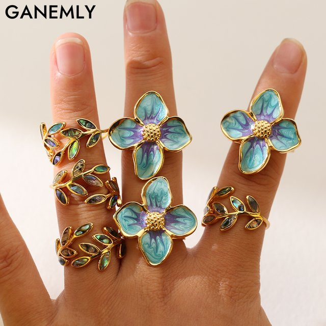 GANEMLY Ring, Edelstahl, Blume Blatt, Gold, Damen - Bild 1