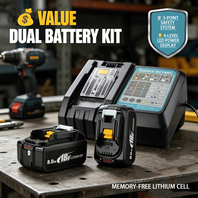 Makita Akku-Set mit 2 Lithium-Ionen-Akkus 18V 8,0Ah und DC18RC Schnellladegerät in Schwarz - Bild 1