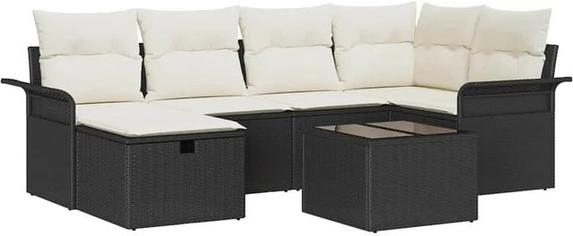 vidaXL Gartensofa-Set aus Poly-Rattan in Schwarz und Beige mit 7 Teilen, L-Form mit Eckelement, Ottoman und Couchtisch - Bild 1