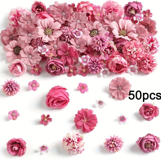 50 Stück HUAYUXIANG künstliche Blumenköpfe in Pink für deine Dekoration von Hochzeit, Party und Garten - Bild 1