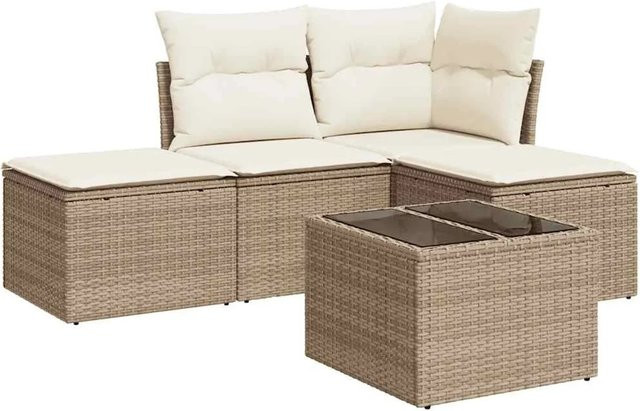 vidaXL 5-teilige Garten-Sofagarnitur aus Poly-Rattan mit Kissen in Beige-creme - Bild 1