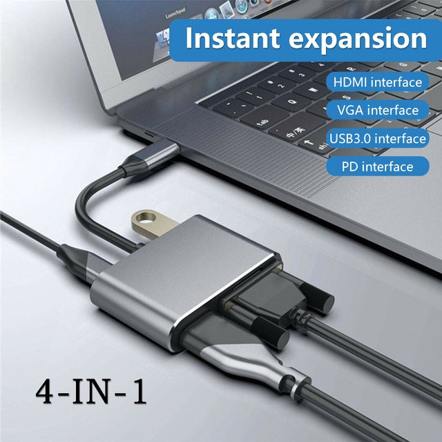 GGBEE USB C Hub 4 in 1 Adapter in Grau mit 4K HDMI, VGA und PD Schnellladung für MacBook, Laptop und Smartphone - Bild 1