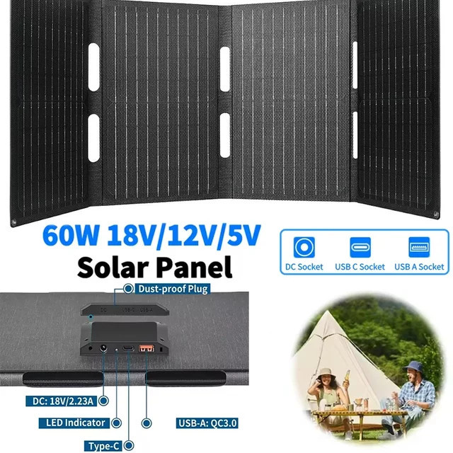 luxuglow Faltbares Solarpanel 60 W mit 4 Anschlüssen, IP65 ETFE, Tragbares Solarpanel für Handy und Laptop, ideal für Camping und Wandern - Bild 1