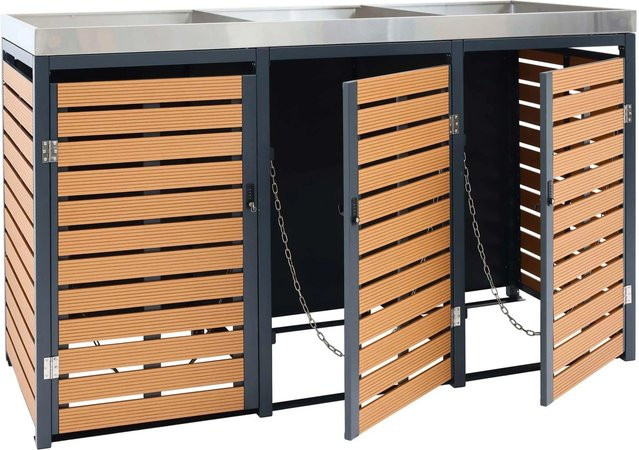 Proregal 3er Mülltonnenverkleidung mit Pflanzkasten in Teak-Optik aus WPC und Edelstahl, Farbe: Anthrazit/Braun, H x B x T: 124 x 200 x 84 cm - Bild 1