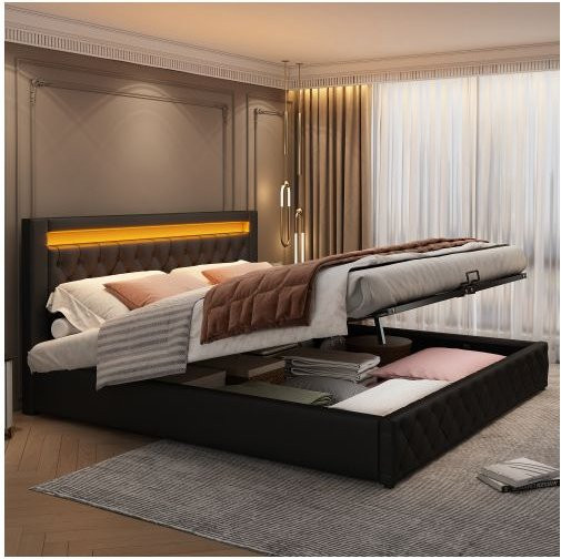 Gepolstertes MUVOE Bett mit LED-Beleuchtung und Lift-up-Funktion in Schwarz, B: 180 cm, T: 200 cm - Bild 1