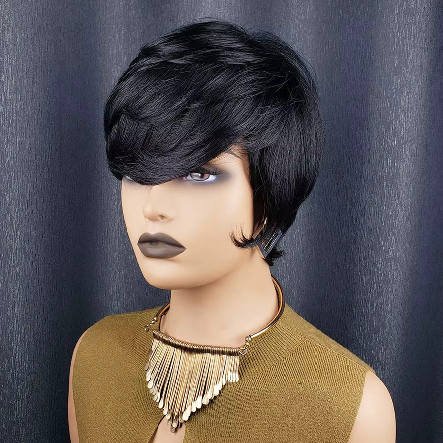 OYM HAIR Echthaar-Perücke, Pixie-Schnitt mit Pony, Schwarz, Remy-Echthaar - Bild 2