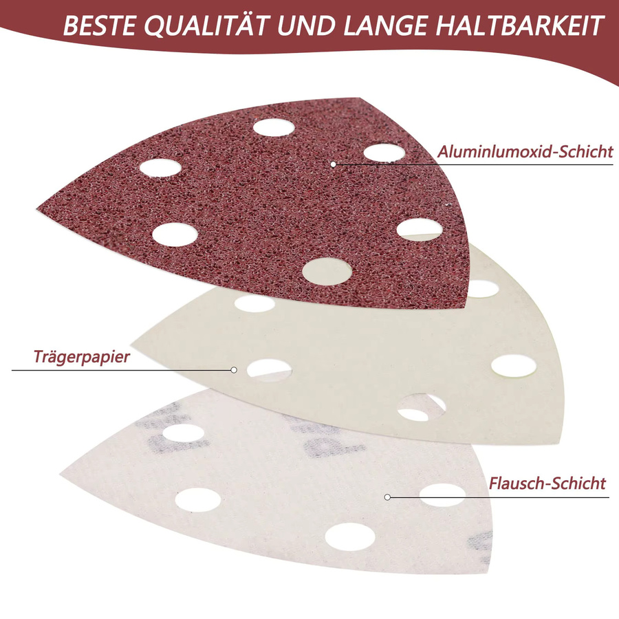 Vibratite Schleifpapier-Set für Multischleifer mit Klettverschluss, 60 Stück, Körnungen 40–1200, dreieckig, B/B/H: 9 x 9 x 0,9 cm, für Holz und Metall - Bild 3