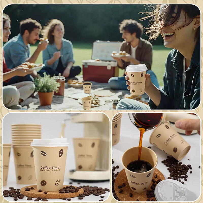 Einweg-Kaffeebecher aus Papier mit Deckel von Easy Time, 12oz, aus Bambuszellstoff, beige, für heiße und kalte Getränke - Bild 4