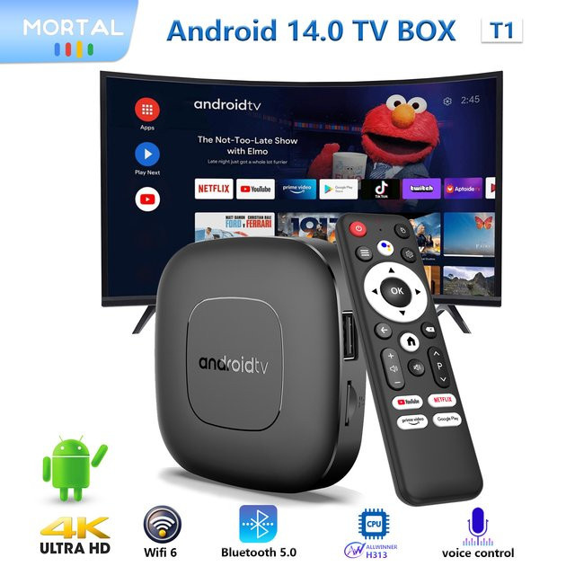 Mortal T1 Smart TV Box mit Android 14, 4K HDR, WIFI6 und Bluetooth, Schwarz - Bild 1