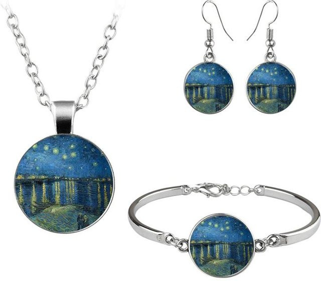 Schmuckset Van Gogh Sternennacht, Ohrringe, Halskette, Armbänder, Damen, Silber, Messing - Bild 1