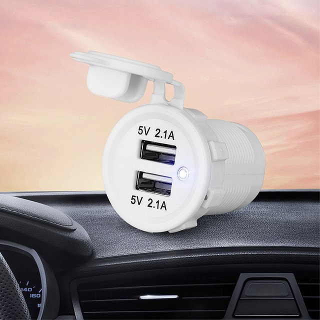 WYMECT Dual USB Auto Ladegerät für 12V/24V Auto Motorrad Schiff Yacht in Weiß mit blauem LED Licht - Bild 1