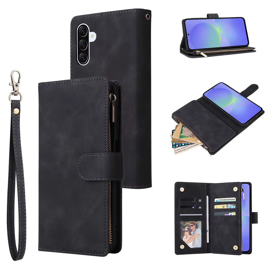 Magnetische Lederhülle mit Brieftaschenfunktion und Reißverschluss für Samsung Galaxy A27 A37 A57 in Schwarz - Bild 2