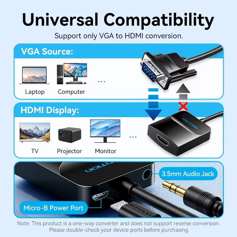 Vention VGA zu HDMI Adapter mit Audio-Unterstützung 1080P in Schwarz für PC und Laptop zu HDTV oder Projektor, 1m - Bild 5