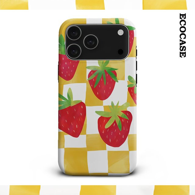 Handyhülle Erdbeeren Yellow Checker für Apple iPhone 17 16 15 14 13 12 11 Pro Max Plus mit doppelschichtiger Rückseite in Gelb - Bild 1