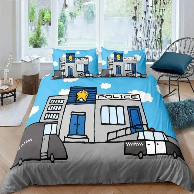 Flylo Bettwäsche Set Cartoon Polizeiauto aus Polyester in Blau mit Bettbezug und Kissenbezug, B/H: 70 x 133 cm - Bild 1