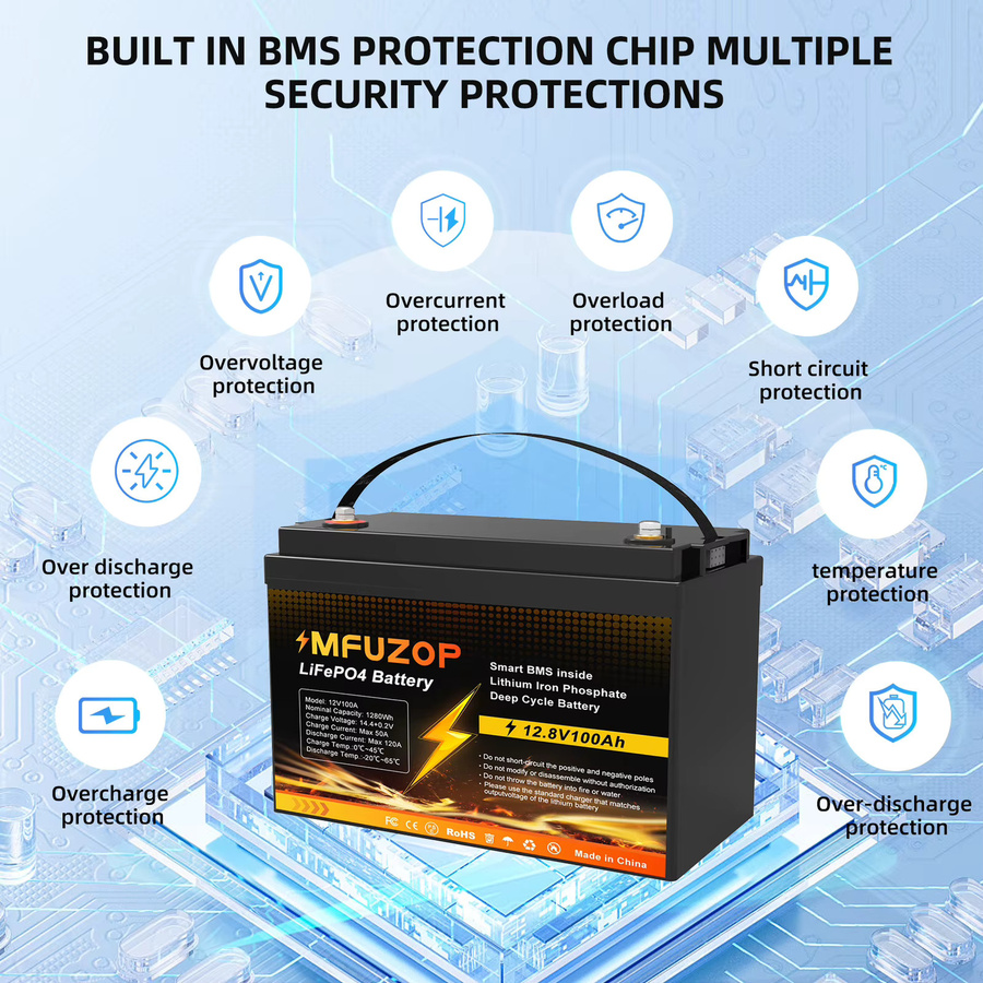 MFUZOP 12V 100Ah Lithium LiFePO4-Batterie mit 100A BMS in Schwarz - Bild 3