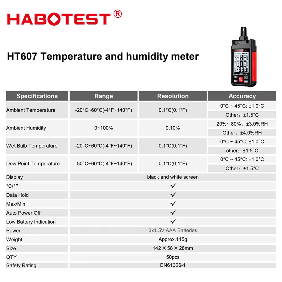 HABOTEST HT607 Digitales Psychrometer Thermometer Hygrometer mit Hintergrundbeleuchtung in Schwarz zur Messung von Temperatur, Luftfeuchtigkeit und Taupunkt - Bild 2