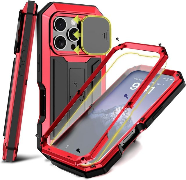 Thunder ii Robuste Metallhülle für iPhone 16e, iPhone 16 Plus und iPhone 16 Pro Max in Rot mit Stoßfestem Schutz und Linsen-Schiebdeckel - Bild 1