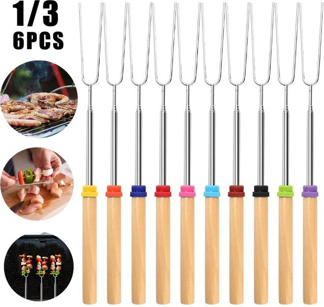 Teleskop-Grillspieße aus Edelstahl in Schwarz und Silber, 81 cm, ideal als Marshmallow-Röster und Lagerfeuergabel für Picknick und Outdoor-Kochen - Bild 1