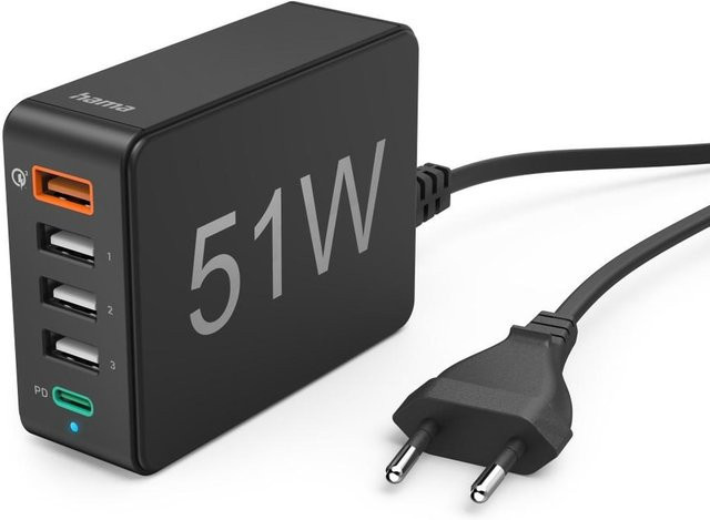 Hama Schnellladegerät mit 51 W, 1x USB-C und 4x USB-A, PD-Unterstützung, Schwarz - Bild 1