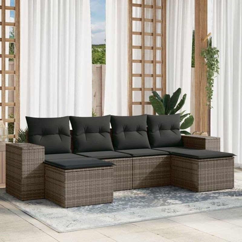 Vidaxl Gartenmöbel-Set aus Polyrattan mit 6 Teilen und Kissen, Grau - Bild 1