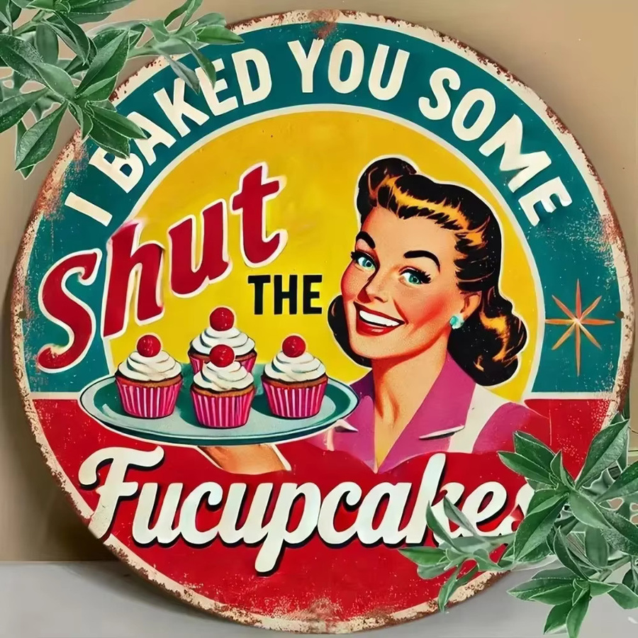CIFBUY Vintage Cupcakes Wandkunst aus Metall in Mehrfarbig, Runde Wanddekoration mit Typografie Motiv, Durchmesser: 20 cm - Bild 2