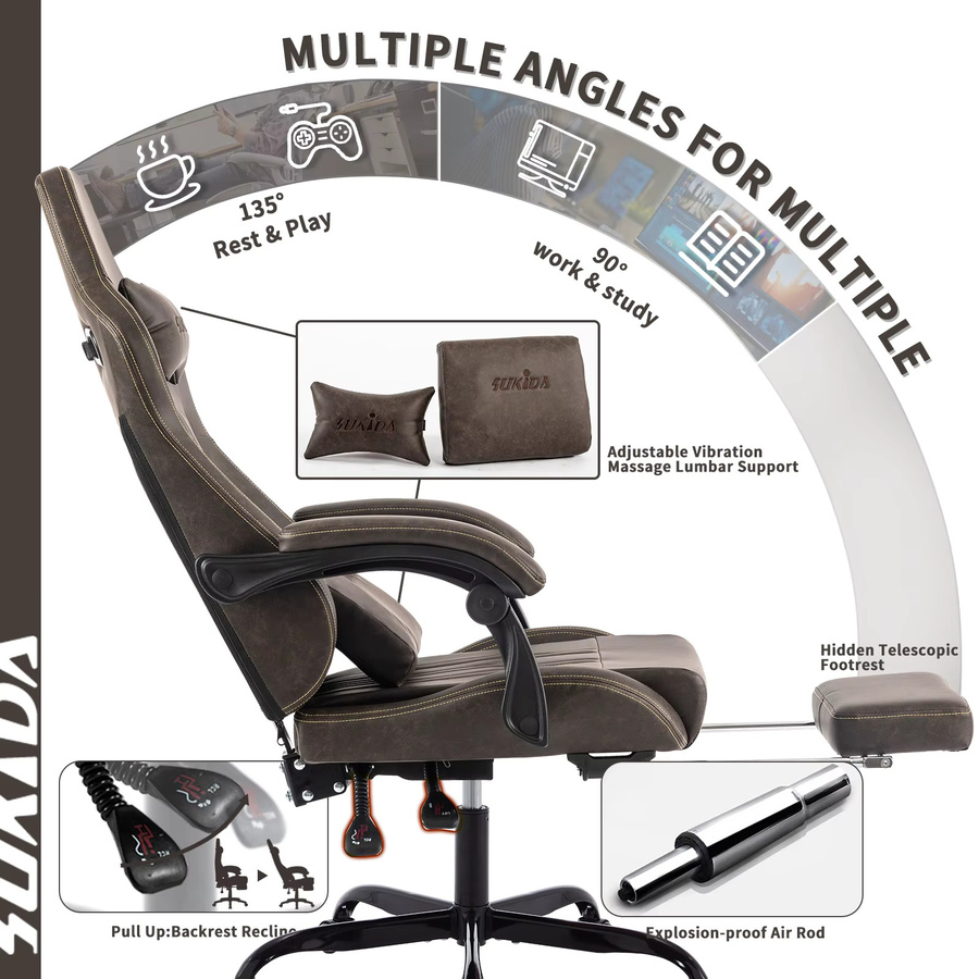 SUKIDA Ergonomischer Gaming-Stuhl mit Fußstütze und Lendenwirbelstütze, höhenverstellbarer Computer-Bürostuhl aus Kunstleder mit Armlehnen, Farben: Schwarz oder Braun - Bild 3