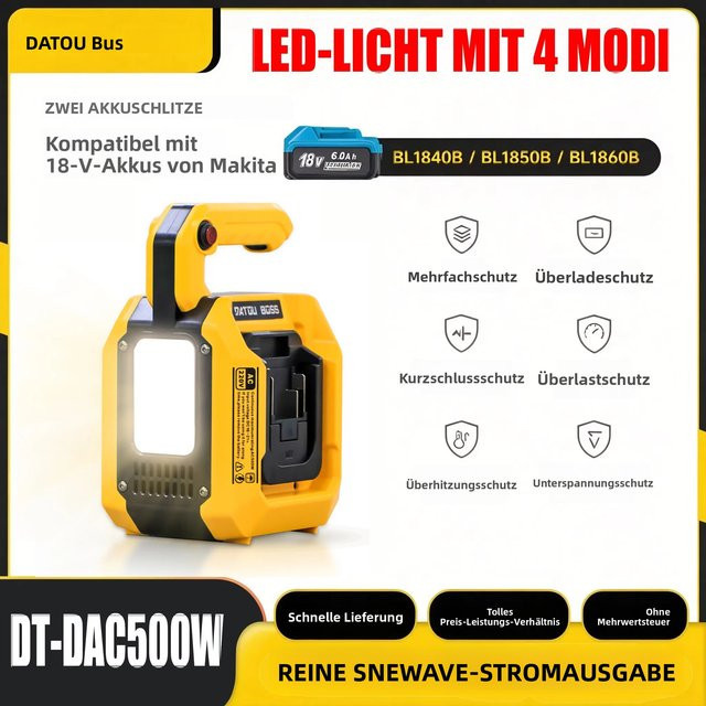 DATOUBOSS Tragbare Powerstation 500W Reiner Sinus-Wechselrichter mit 220V AC-Ausgang, Typ-C PD Schnellladung, 1 USB-A und 2 USB-C Anschlüssen sowie 500 LM LED-Licht in Gelb - Bild 1