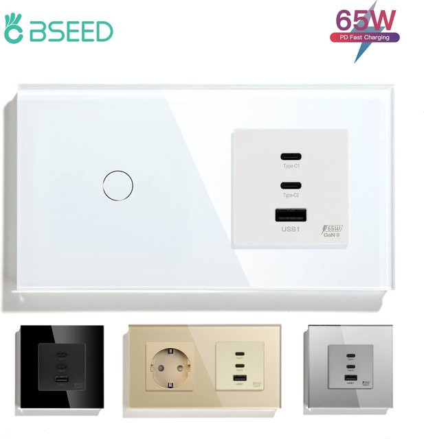 BSEED Kombination aus Steckdose und 65 W USB-C Schnellladeanschluss mit EU-Licht-Touch-Schalter aus Glas in Schwarz - Bild 1