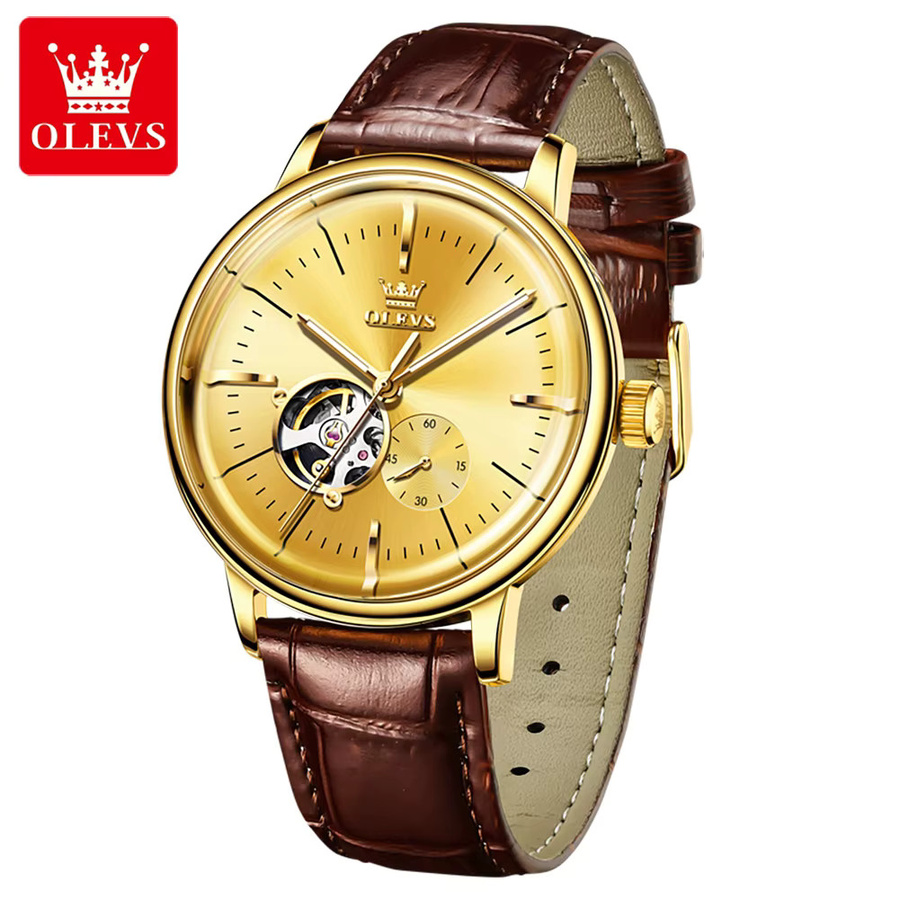OLEVS Armbanduhr Automatik, Leder, Gold, Herren - Bild 7