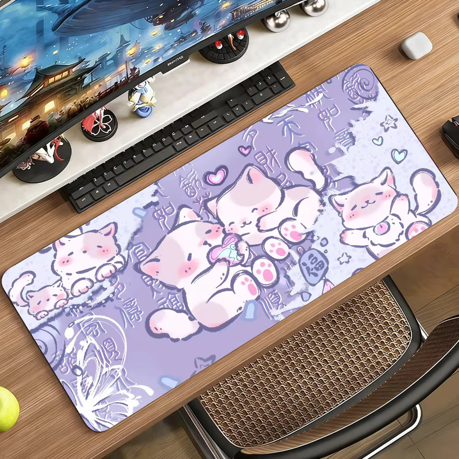 Großes XXL Mauspad Anime Niedliche Katze Segensbringer in Lila, rutschfeste Schreibtischunterlage für PC und Laptop - Bild 3