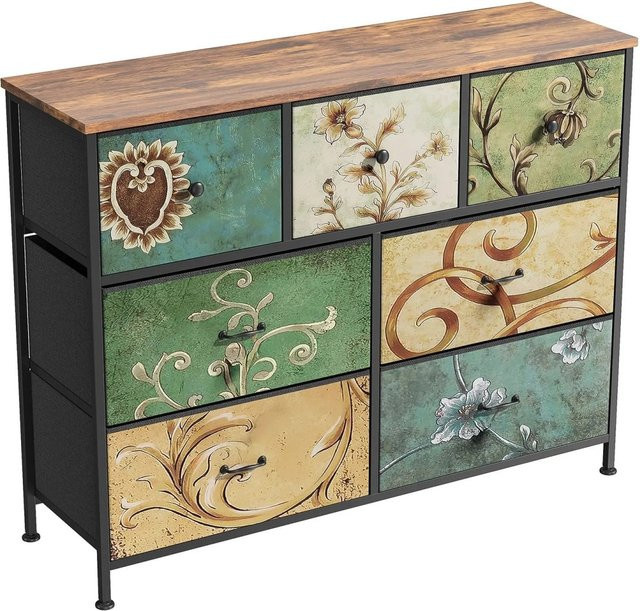 PXloue Kommode mit 8 Schubladen aus Stoff und stabilem Stahlrahmen im Vintage-Druck, Multicolour, B: 78 cm, T: 30 cm, H: 100 cm - Bild 1