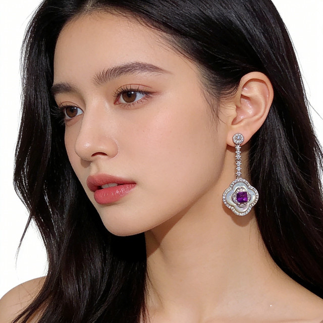Ohrringe Kleeblatt, 925 Silber, Amethyst, Perlmutt, Zirkonia, Damen - Bild 1