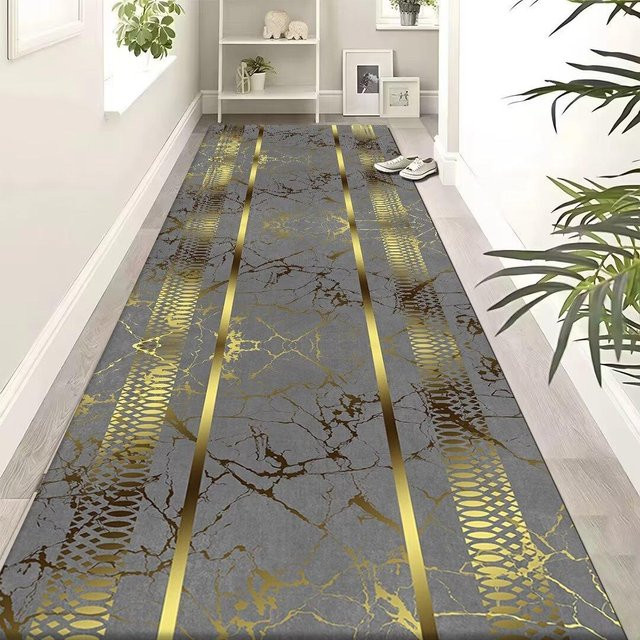Karpetti Flur Teppich Läufer in Gold und Grau, rutschfest und waschbar, modernes geometrisches Design, B/T: 120 x 200 cm - Bild 1