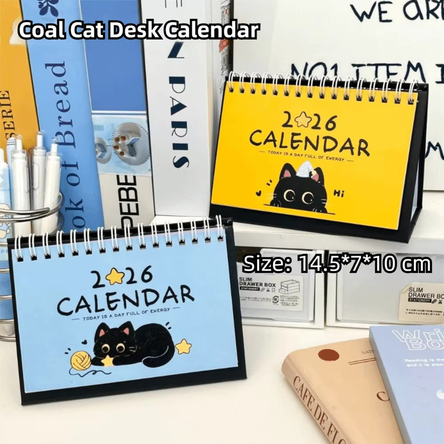Simple Coil 2026 Schreibtischkalender mit niedlichem Katzenmotiv, gelber Monatsplaner für Büro und Schule - Bild 2