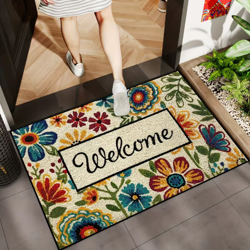 VIKAMA Blumen-Willkommens-Fußmatte in Multicolour, rechteckige Eingangsmatte mit floralem Boho-Design, Breite: 60 cm, Tiefe: 40 cm - Bild 4