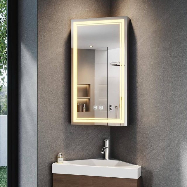 SONNI Badspiegelschrank Eckschrank mit LED-Beleuchtung und Steckdose, Mattschwarzer Medizinschrank mit Anti-Fog-Funktion und Ablage, B/H/T: 70 x 70 x 16 cm - Bild 1
