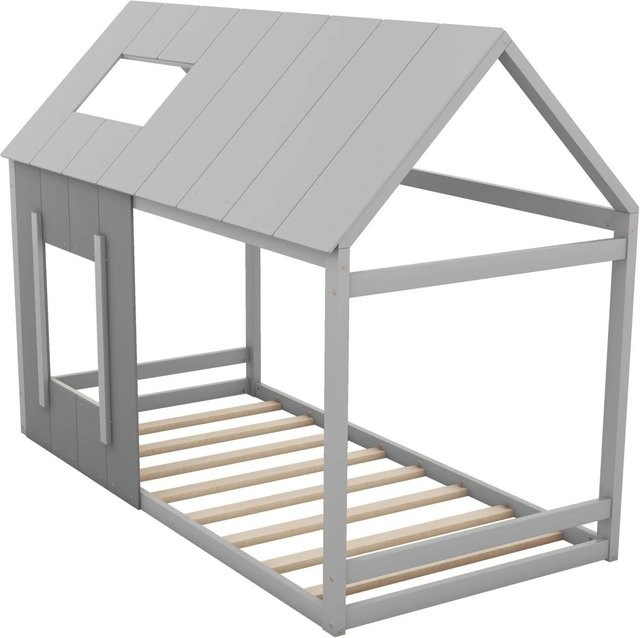 KOMHTOM Kinderbett in Hausform mit Dach und Fenster aus Kiefernholz und MDF, Dunkelgrau und Hellgrau, B/T/H: 90 x 200 cm - Bild 1