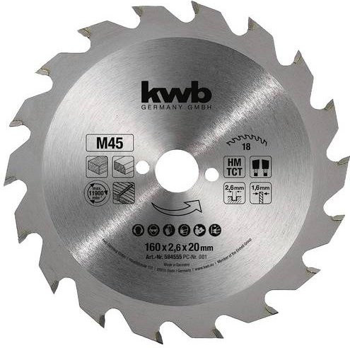 Kwb Kreissägeblatt für Holz und Kunststoff, Carbide Tipped, Farbe: Silber, Durchmesser: 160 mm, Bohrung: 16 mm - Bild 1