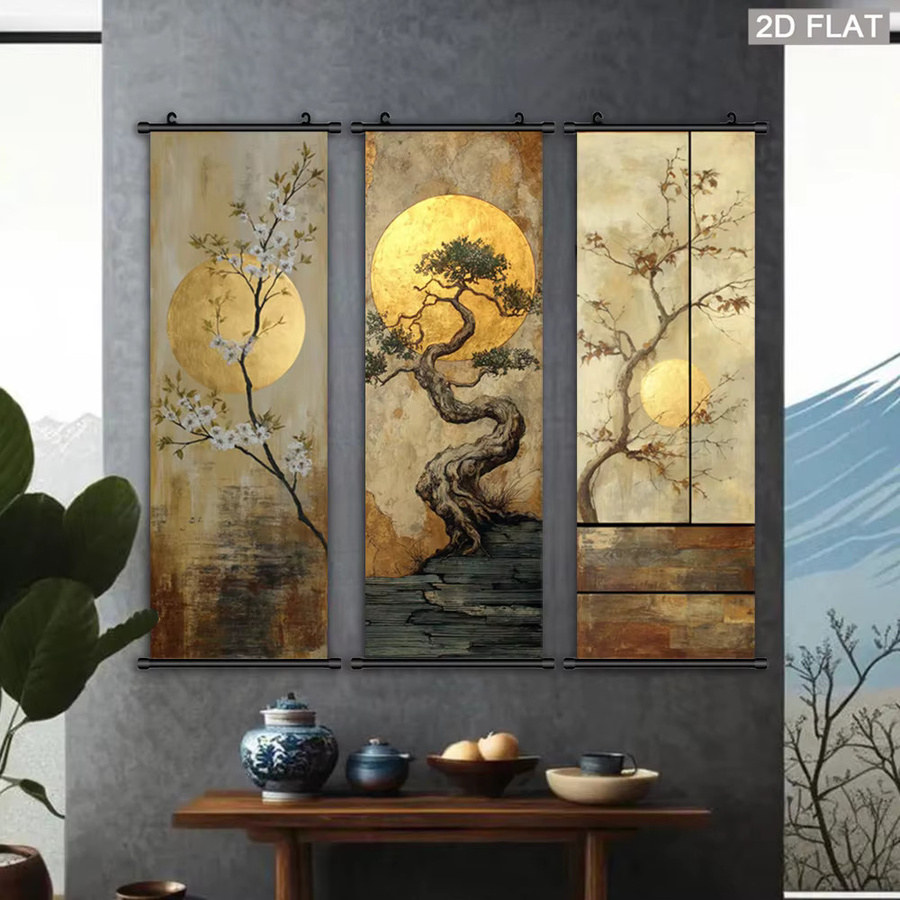 AsenArt Wandbild auf Leinwand mit goldenem Bokujou-Blütenzweig und Kirschblüten-Landschaftsmotiv - Bild 3