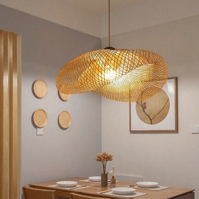 JOYINLED LED-Pendelleuchte aus Bambus in Braun, moderne handgefertigte Hängelampe für Wohnzimmer und Esszimmer - Bild 1