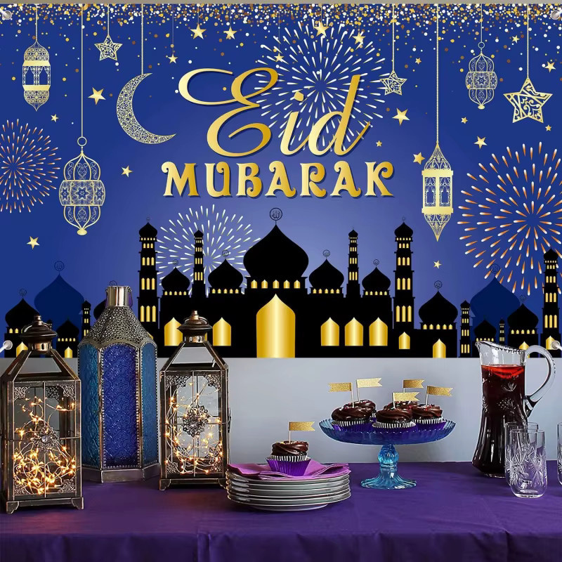 VIKAMA Eid Al Fitr Ramadan Mubarak Hintergrundbanner für deine Partydekoration in Blau mit Mond-Motiv und orientalischem Design - Bild 3