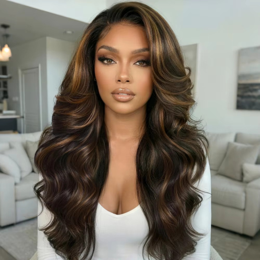 UNice Echthaarperücke Body Wave, Golden Brown Highlights, 150 % Dichte - Bild 3