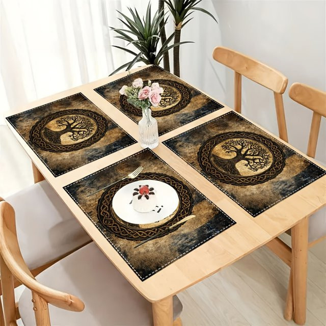 VIKAMA Tischsets 4er-Set mit Lebensbaum-Motiv in Braun, rechteckige und rutschfeste Tischsets aus Kunstleder, waschbar - Bild 1