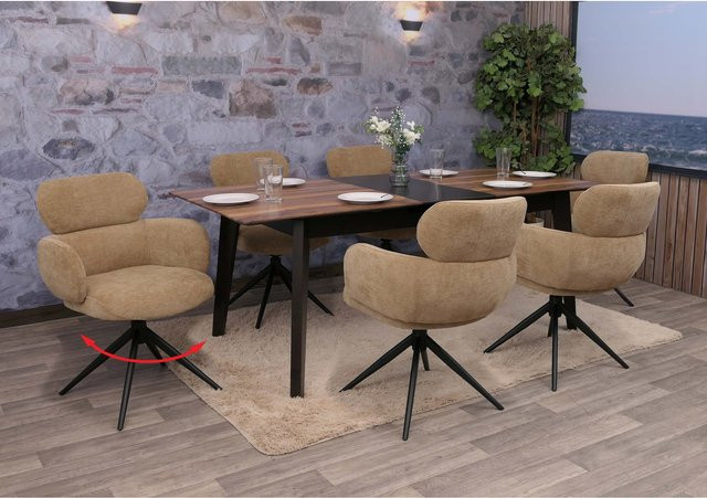 6er-Set MCW Esszimmerstuhl O77 in Hellbraun mit drehbarer Auto-Return Funktion aus Chenille Stoff und Öko-Tex Zertifizierung - Bild 1